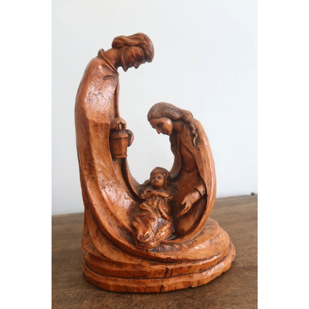 Vintage Nativity Mary Joseph Jesus Christmas Statue Resin Carved Wood Look